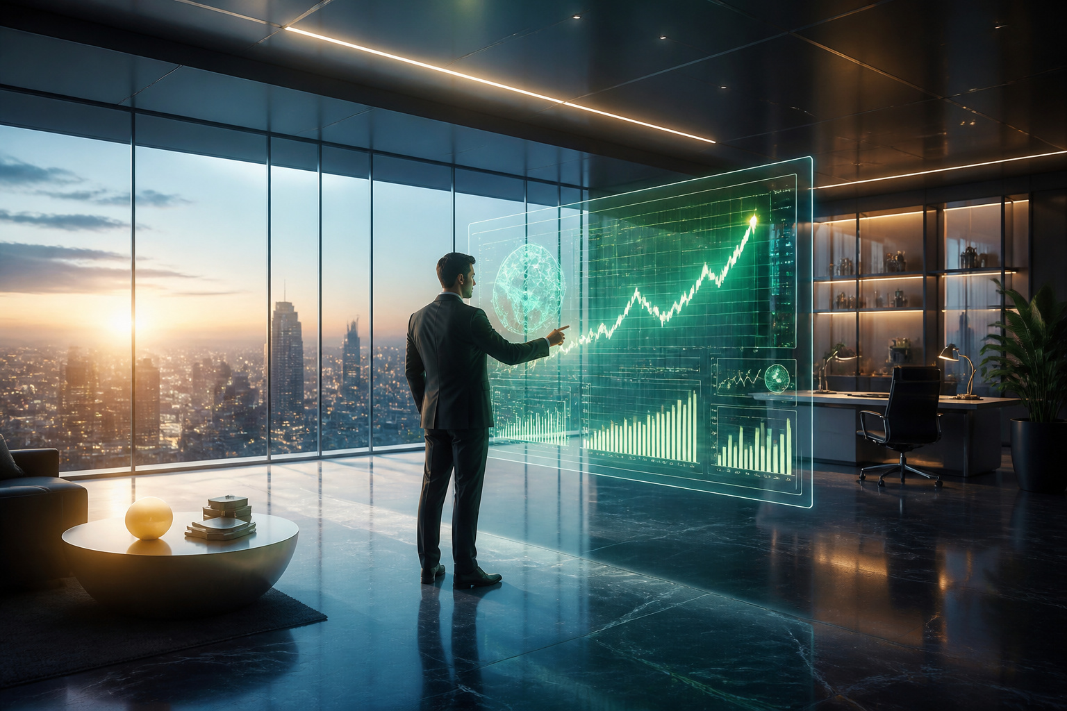 Analyst financier devant un ecran holographique