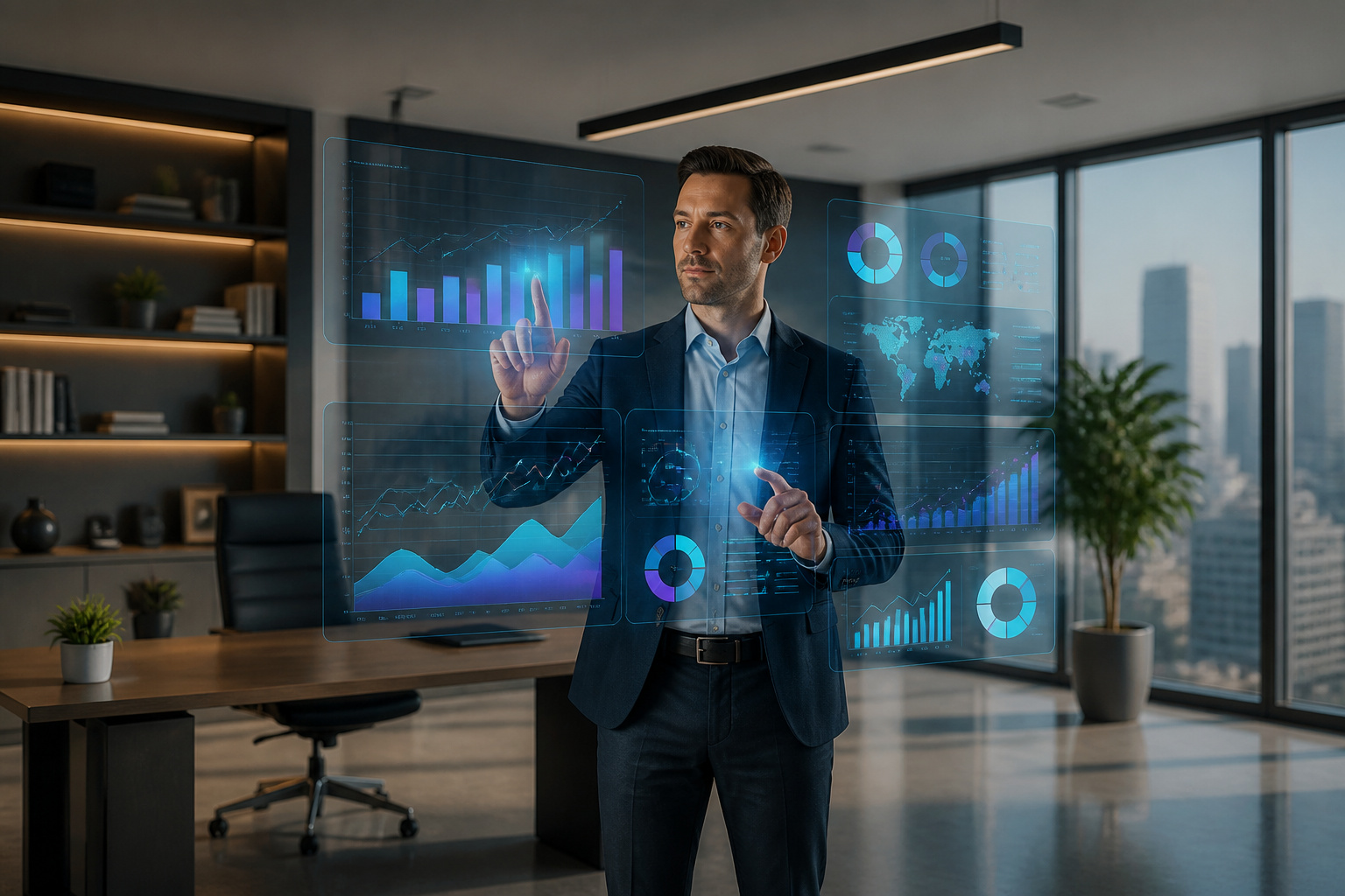 Professionnel analysant des donnees holographiques