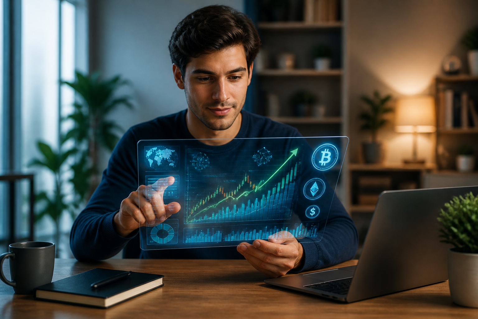 Jeune adulte analysant des donnees financieres futuristes