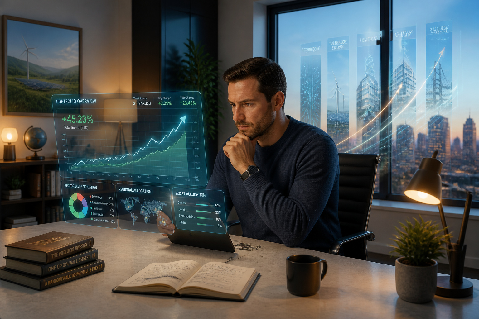 Homme daffaires analysant des donnees financieres holographiques