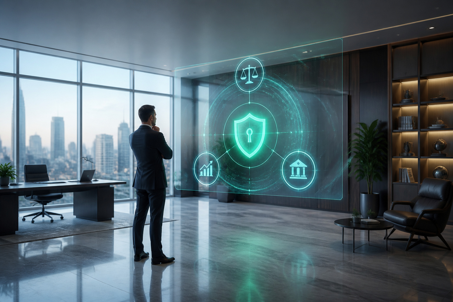 Homme daffaires observant un hologramme de securite