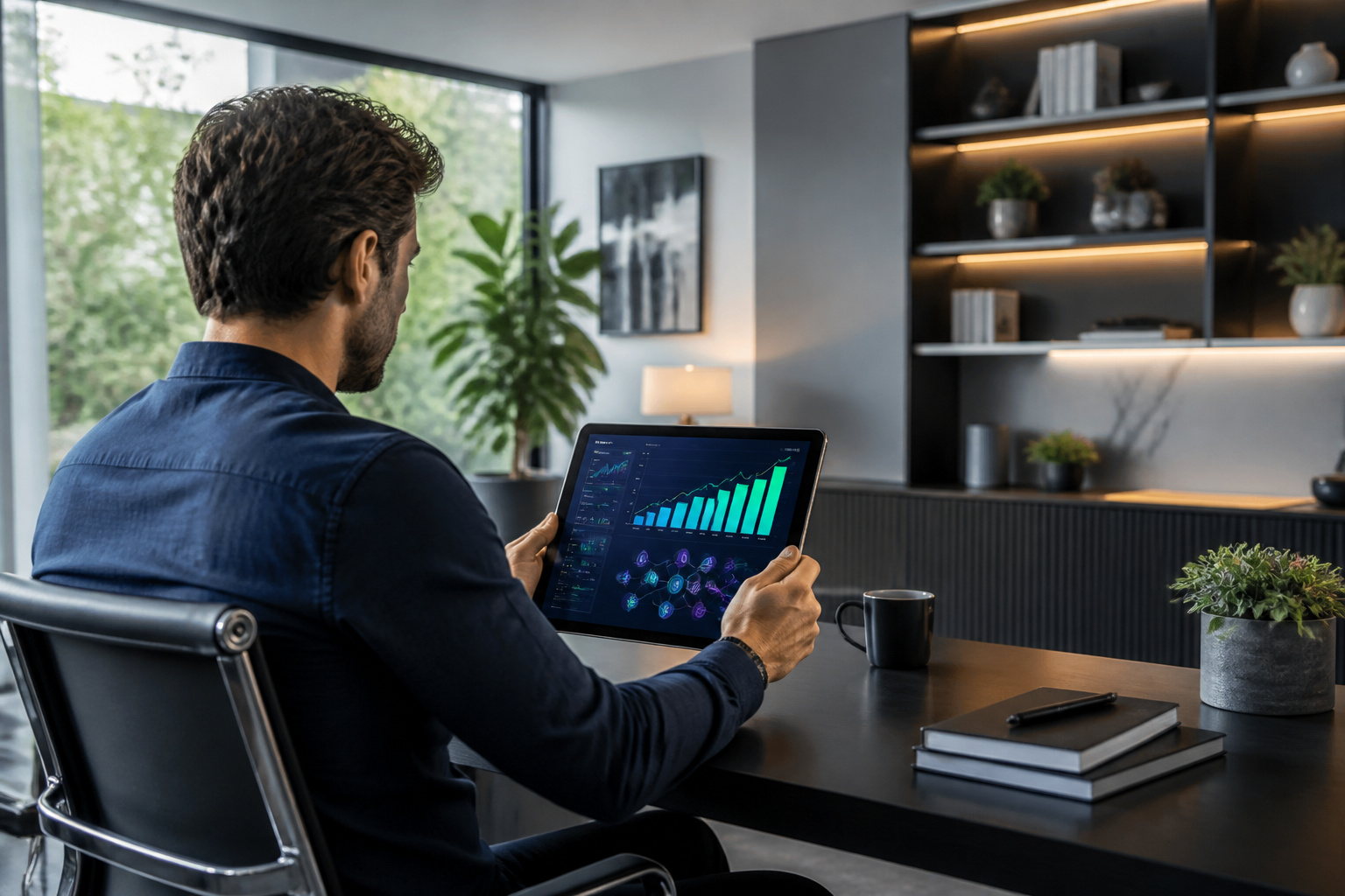 Homme analysant des donnees financieres sur tablette