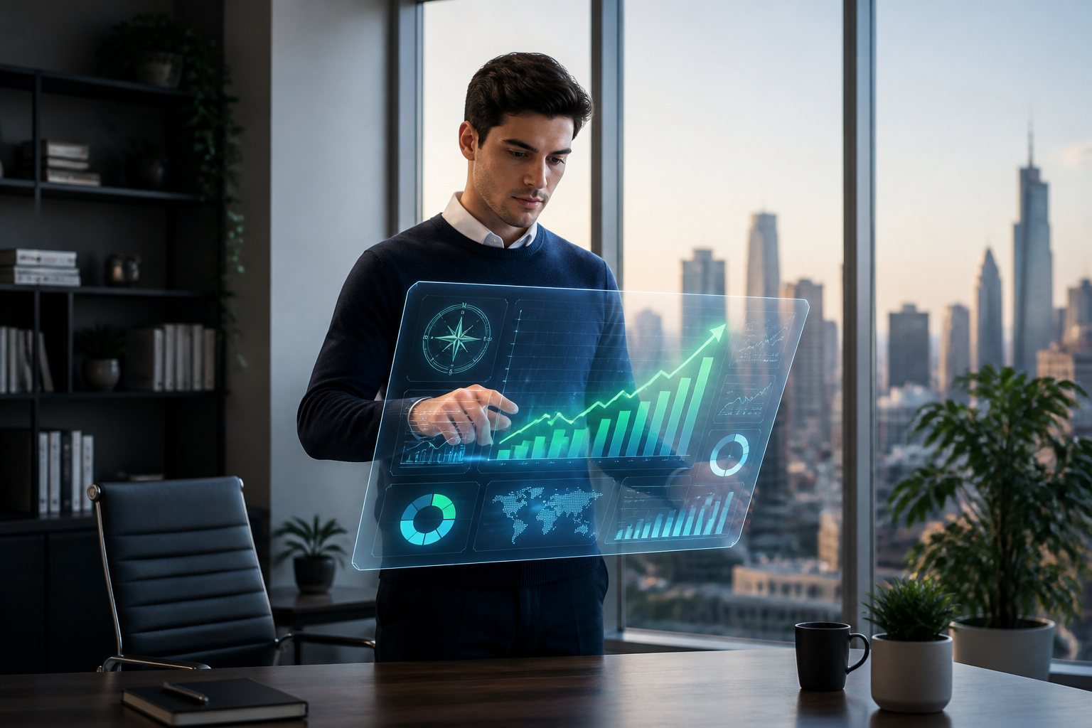 Jeune professionnel interagissant avec un ecran holographique