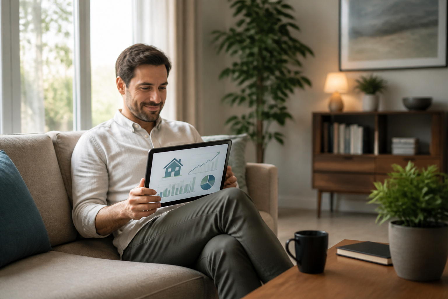 Homme souriant gerant ses finances sur tablette