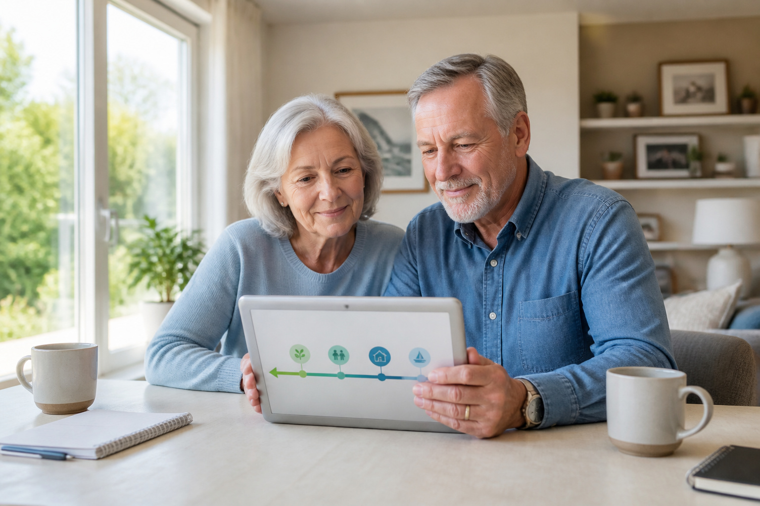 Couple age planifiant lavenir sur tablette